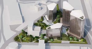 Die Bavaria Towers in München von oben mit ihrem fünfeckigen Grundriss.
