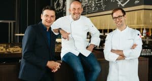 Olaf Rode, Restaurantleiter des The Cord, Thomas Kammeier, Kulinarischer Direktor des EUREF-Campus Berlin und Florian Peters, Küchenchef des The Cord.