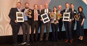Die Preisträger des Internorga Zukunftspreises 2023: Nesto Software, Tollwood und Beyond Meat mit der Jury.