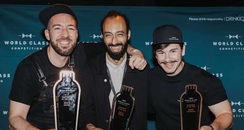 Die World Class Bartender of the Year 2023: Kristóf Uracs, Dada Daoud und Tasos Boskos.