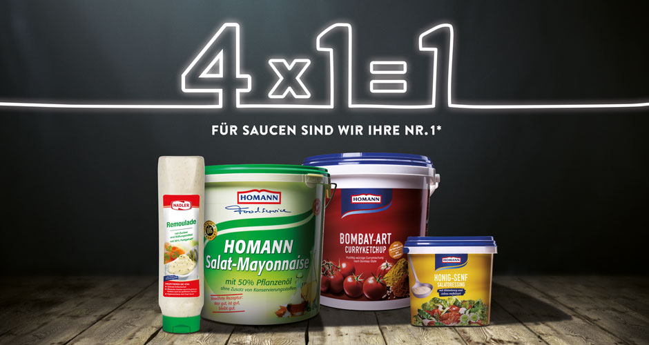 Gleich vier Produkte aus dem Sortiment von Homann Foodservice beanspruchen die Marktführerschaft für sich. Mit guten Saucen schmeckt eben alles besser. Passend dazu liefert das Unternehmen die Konzepte gleich mit.