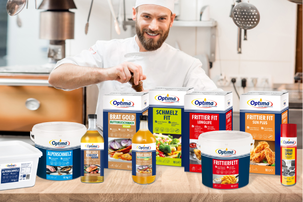 Das Foodservice-Sortiment der Marke Optima von Walter Rau umfasst u. a. Frittierfett, Brat Gold mit Buttergeschmack oder Alpenschmelz.