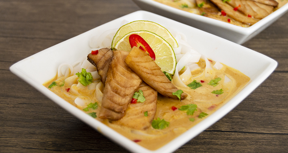 Veganes Gericht: Kräuterseitling-Filets in Curry-Kokos-Sauce