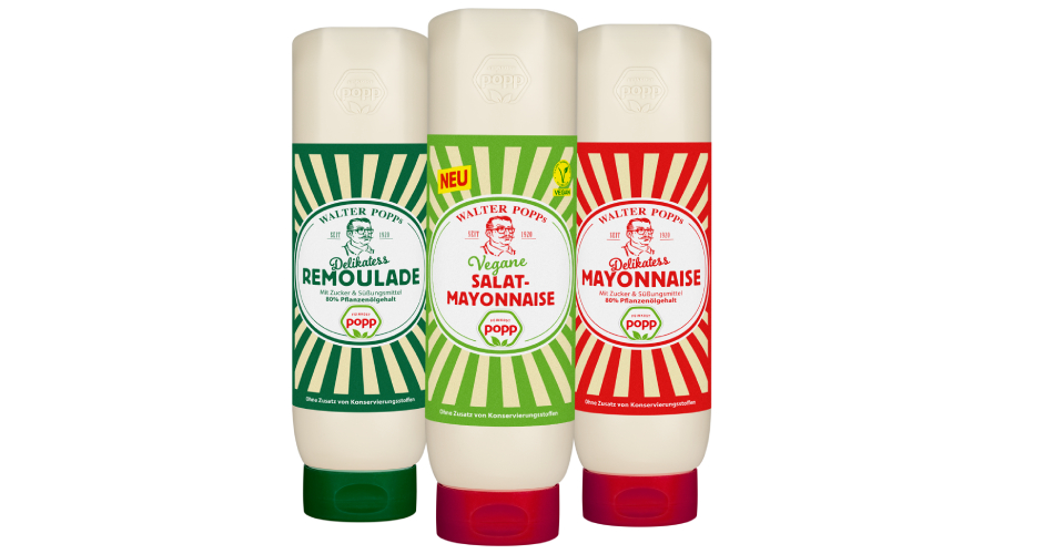 Neben der klassischen Mayonnaise sowie Remoulade gibt es von Popp Feinkost auch vegane Mayonnaise für den Foodservice-Bereich.