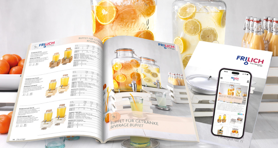 Neu bei Frilich: Sowohl die neue Webseite als auch der neue Katalog bieten neben Servierlementen und Co. viel Inspiration für das Buffet.