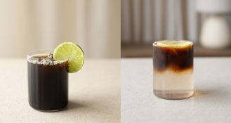 Dallmayr stellt sommerliche Eiskaffee-Rezepte vor, darunter den Iced Lime Coffee (l.) und den Coffee Limoncello Spritz (r.), deren Rezepte Sie in diesem Beitrag finden.