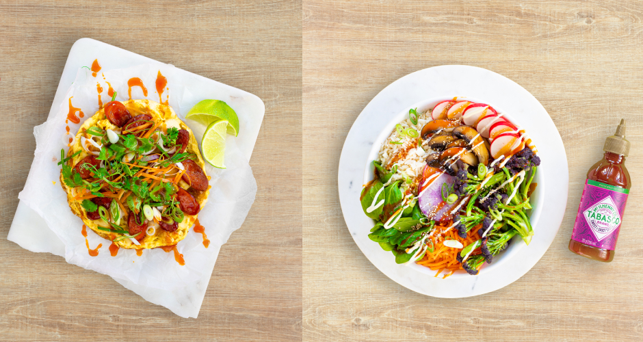 Die neue Tabasco Sweet & Spicy verleiht Gerichten wie einer bunten Reisbowl mit Gemüse oder Omelett das gewisse Extra an Würze.