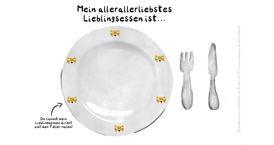 Malvorlage Mein allerallerliebstes Essen ist ein Begleitmaterial zum Kinderbuch Eine Reise durch die Welt der Ernährung von Franziska Delgas.