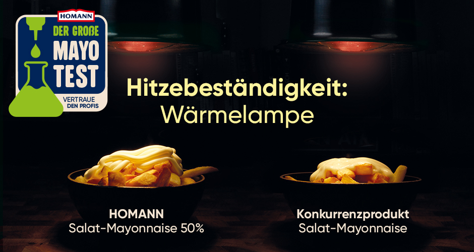 Auch auf Pommes unter der Wärmelampe zeigt die Homann Salat-Mayonnaise sich beständig: kein Verflüssigen, keine Blasenbildung.