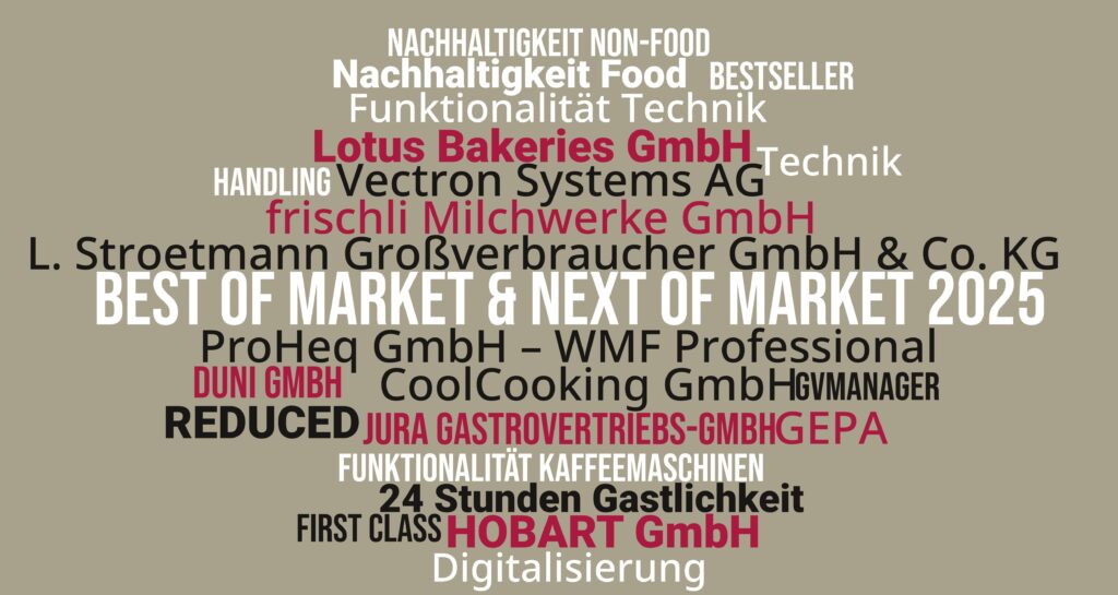 Alle Preisträger der BEST of Market und NEXT of Market 2025 auf einen Blick, vergeben durch die Redaktionen first class, 24 Stunden Gastlichkeit und GVMANAGER aus dem Hause B&L MedienGesellschaft.