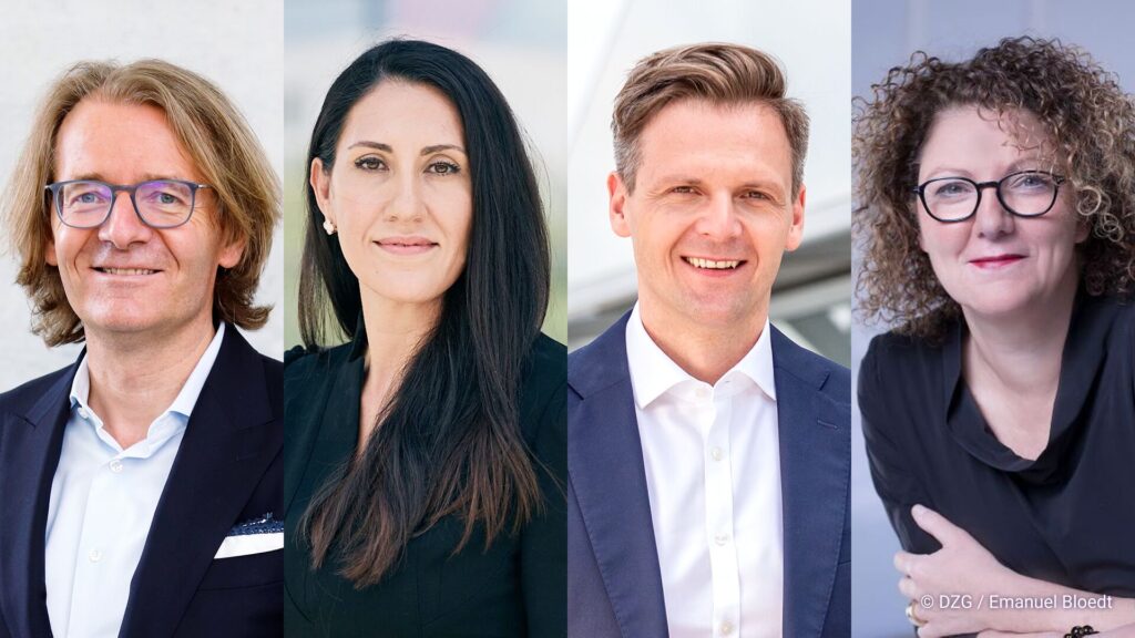 Kandidaten am 16. Mai 2025 für die Spitzen von DZG-Aufsichtsrat und -Vorstand (v.l.): Gerhard Bruder, Homeira Amiri, Dr. Marcel Klinge und Christa Stienen.