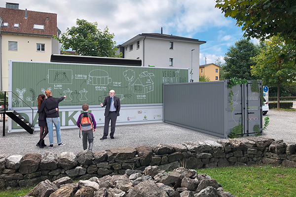 Kleinbiogasanlage in Liechtenstein, die bis zu 1 Tonne an Food Waste pro Tag zu 110 m3 Biogas umwandelt (630 kWh Prozesswärme).
