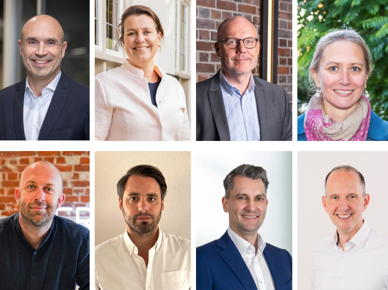 Nachgefragt bzgl. Scope 3-Emissionen, diese Industriepartner haben geantwortet (oben v.l.): Thomas Reich von Apetito, Margit Smeekens von Aviko, Markus Borchers von Danish Crown Foods und Alice Franke von Develey Senf & Feinkost, sowie (unten v.l.): Sebastian Bernbacher von Frosta Foodservice, Christian Geupel von Nestlรฉ Professional, Marco Schmitt von Rational und Jochen Kramer von Salomon FoodWorld.