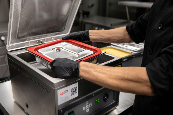 Mit den Rieber Vaculid-Deckel lassen sich die GNauto-Behälter zu 100 Prozent vakuumieren und so sicher versiegeln – lebensmittelecht ohne den Einsatz von Einwegplastikbeuteln.