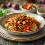 Linsen-Bolognese mit veganem Bacon-Topping
