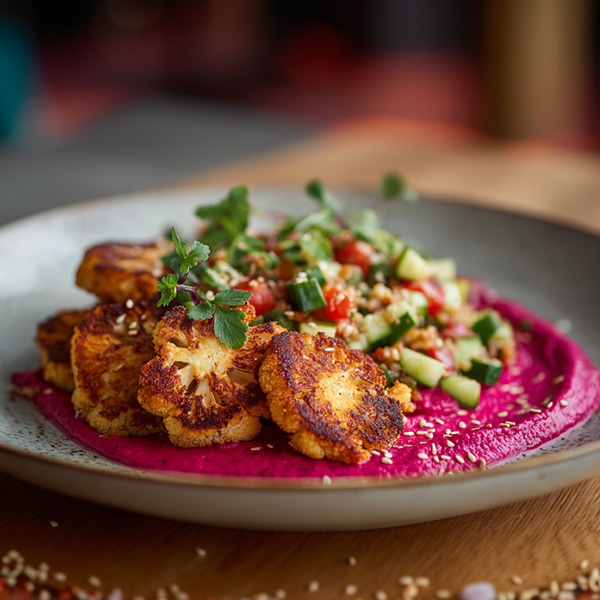 Dinkel-Taboulé mit zitroniger Rote-Bete-Sauce an gerösteten Blumenkohl-Steaks