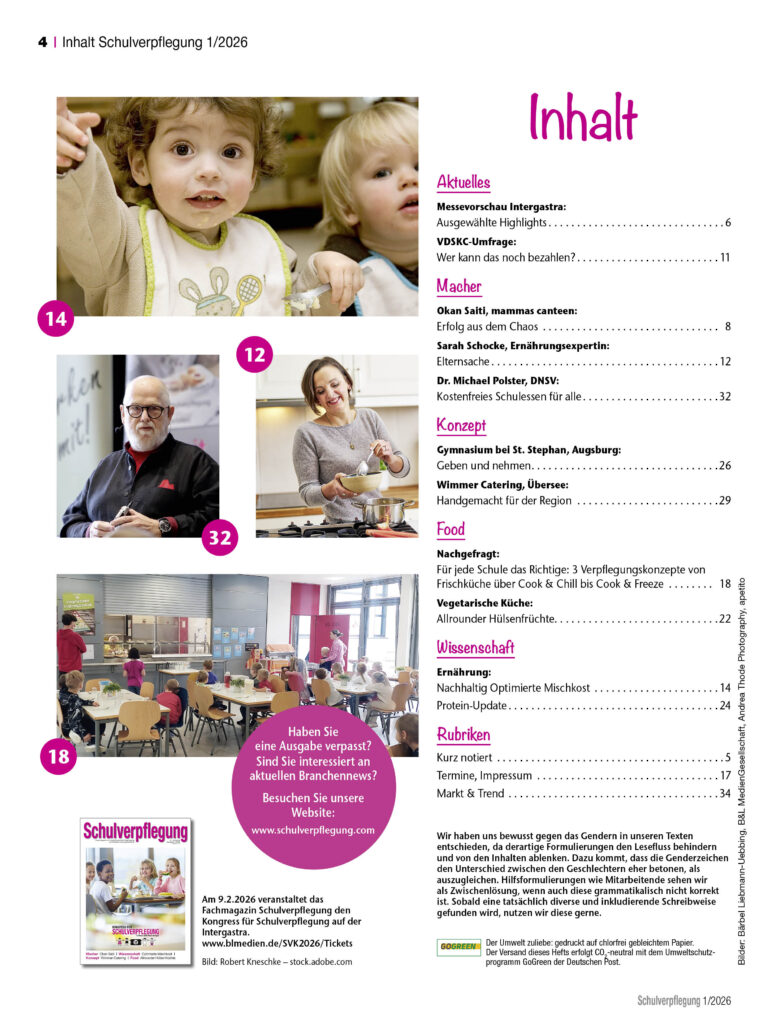 Inhalt Fachmagazin Schulverpflegung Ausgabe 1/2026