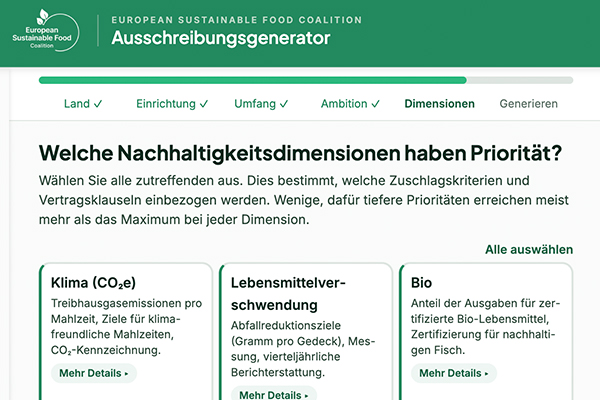 Blick auf die Filteroptionen des ESFC Ausschreibungsgenerators